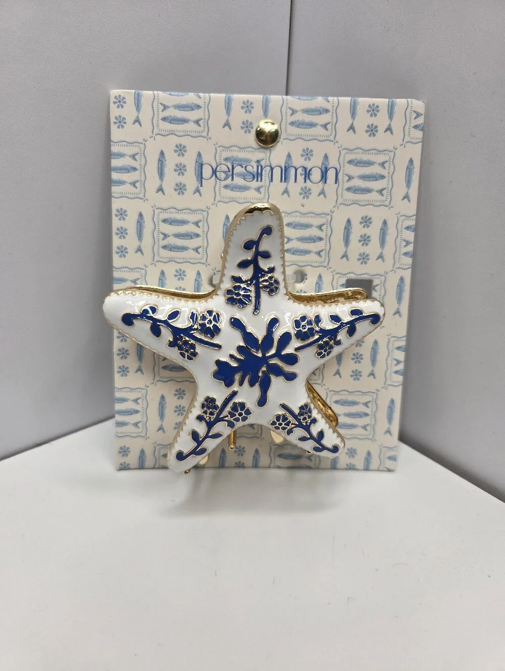 💙▪️Persimmon ▪️White & Blue Starfish Hair Metal Claw Clip with Gold Accents